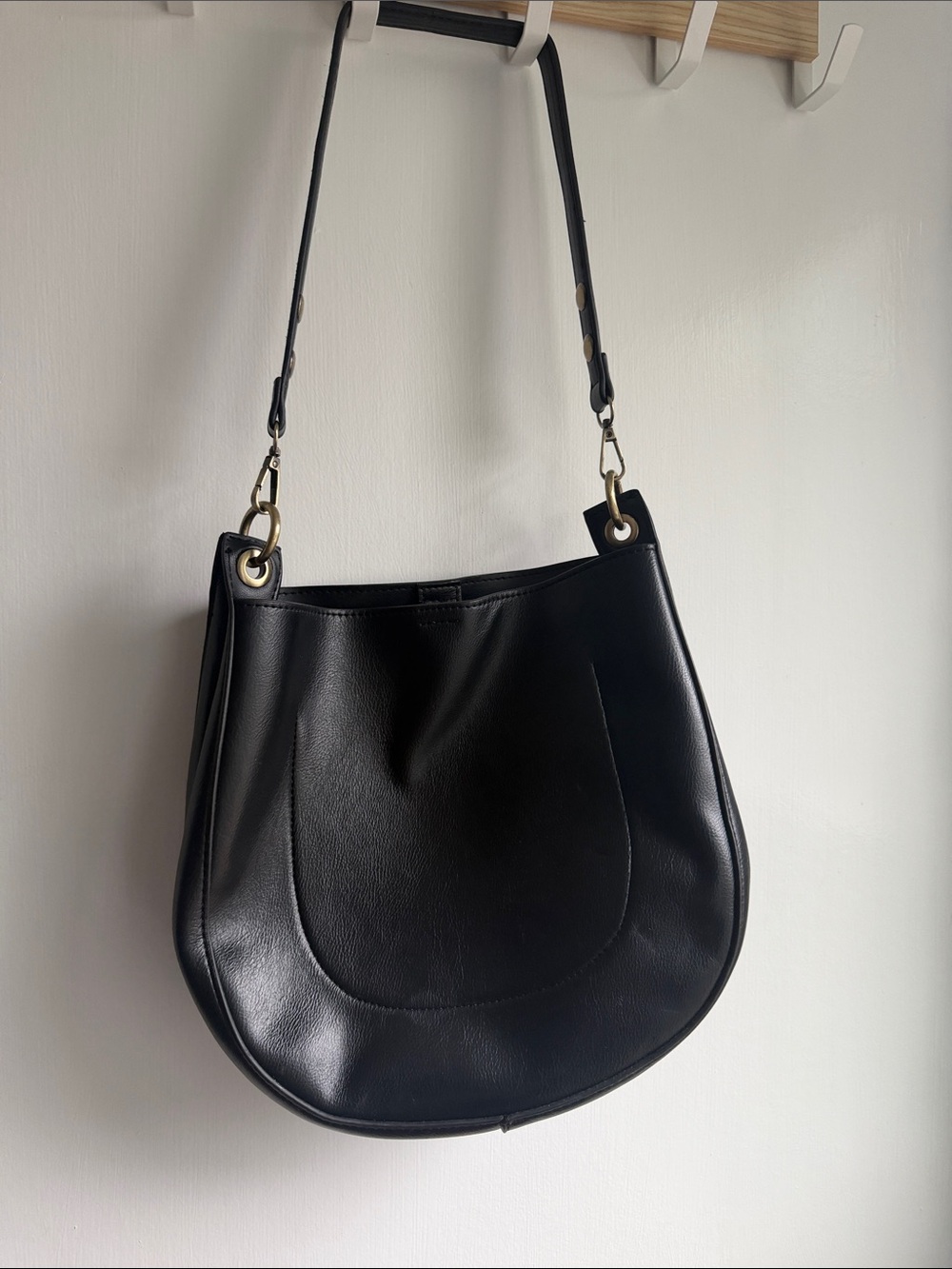 Anthropologie Black Curved Leather-Look Shoulder Bag